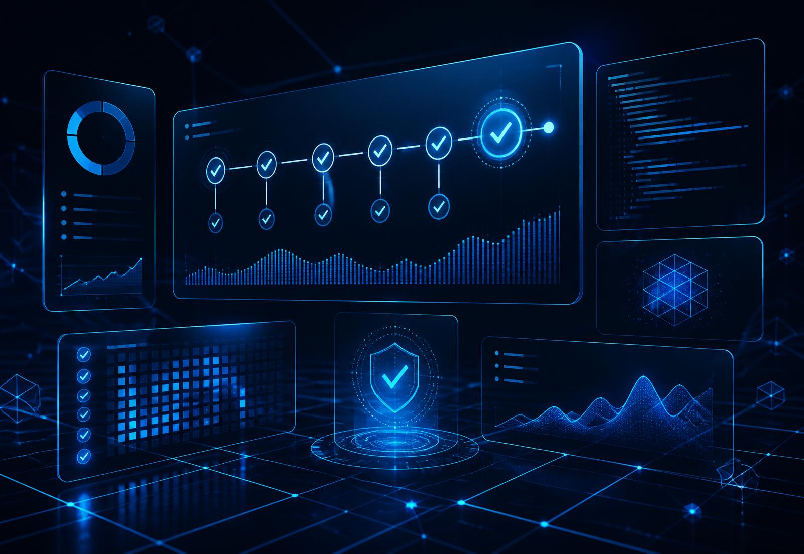 Quality engineering dashboard showing automated test pipelines and release health metrics
